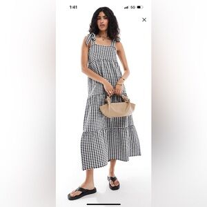 Miss Selfridge tiered gingham maxi dress with tie shoulders